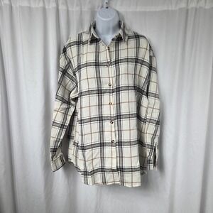 CHYRII Shirt Womens XL White Plaid Button Front Long Sleeve Flannel Tunic Top